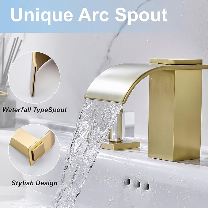 Brushed Gold Waterfall Bathroom Faucet 3 Hole Widespread Sink Faucet with Crystal Handles, Modern Bathroom Sink Faucet, 2 Handle Deck Mount Lavatory Faucet for Vanity Sink