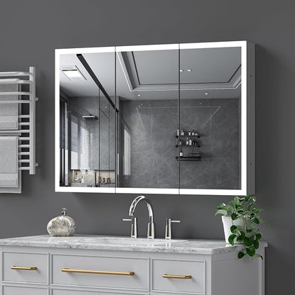 48"W x 32"H LED Medicine Cabinet with Mirror, 3-Door, Anti-Fog, Bathroom | 3-Color Stepless Dimming, 10-Level Brightness, Touch Control, Adjustable Shelves, DTC Soft-Close Hinges, for Vanity