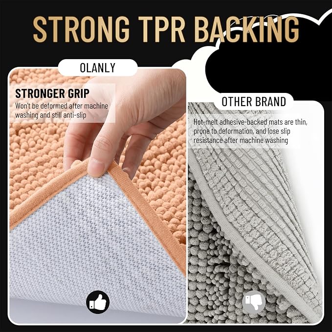 OLANLY Thick Bathroom Rugs 30x20, Soft Chenille Striped Bath Rugs, Peach | Rubber Backing, Machine Wash, Extra Absorbent Bath Mats for Bathroom Floor, Tub and Shower, Home Decor Accessories