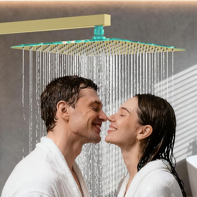 Shower System Modern Rain Brass Faucet Set With Valve and Diverter Shower Mixer With Handheld High Pressure Square Rainfall Shower Valve (12'' Wall Mount, Brushed Gold)