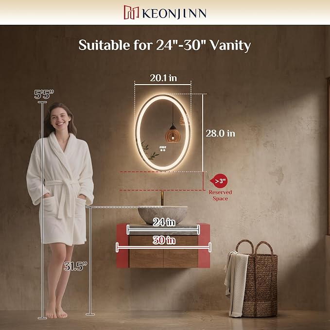 Keonjinn 20" x 28" Oval LED Bathroom Mirror with Frontlit and Backlit | 3 Colors Temperatures, HD Tempered Glass, Fast Anti-Fog, Memory Function, Stepless Dimmable, Easy Install, Plug in/Hardwired