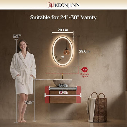 Keonjinn 20" x 28" Oval LED Bathroom Mirror with Frontlit and Backlit | 3 Colors Temperatures, HD Tempered Glass, Fast Anti-Fog, Memory Function, Stepless Dimmable, Easy Install, Plug in/Hardwired