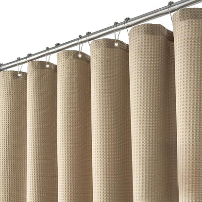 Extra Wide Waffle Shower Curtain 256 GSM Fabric 84x72 Beige/Khaki | 84 Inch Wide, Thick Cloth, Weighted Hem, Water Repellent, Hotel Luxury Polyester Shower Curtain Set for Bathroom 14 Hooks