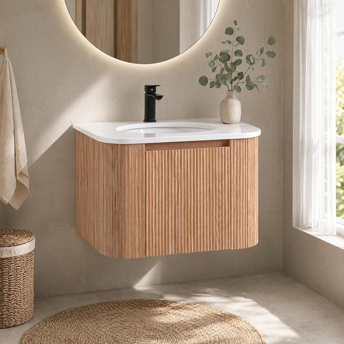 24 Inch Wall Mounted Bathroom Vanity with Ceramic Sink, Pre-Assembled Floating Vanity Cabinet with Marble Countertop, Wave Texture Finish & Drawer, Wood