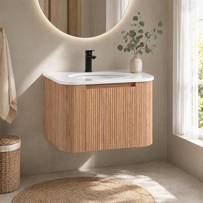 24 Inch Wall Mounted Bathroom Vanity with Ceramic Sink, Pre-Assembled Floating Vanity Cabinet with Marble Countertop, Wave Texture Finish & Drawer, Wood