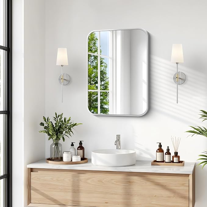 BONEWEI Silver Bathroom Mirror,16x20 inch Wall Mirror for Bathroom Wall Mounted,Rectangle Mirror for Bathroom Over Sink,Modern Frame Round Corner for Living Room,Bedroom Entryway,Horizontal/Vertical