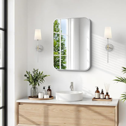 BONEWEI Silver Bathroom Mirror,16x20 inch Wall Mirror for Bathroom Wall Mounted,Rectangle Mirror for Bathroom Over Sink,Modern Frame Round Corner for Living Room,Bedroom Entryway,Horizontal/Vertical