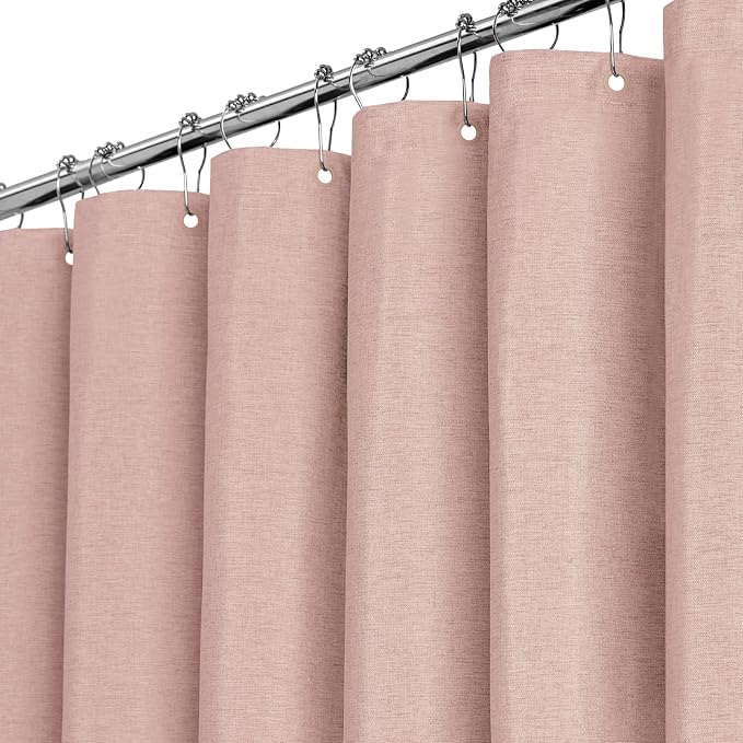 Blush Pink Linen Textured Waterproof Fabric Shower Curtain Set, 72x72 | 230GSM Polyester, Heavy Duty Cloth, Weighted Hem, 12 Plastic Hooks, Modern Hotel Style, Machine Washable, Bathroom Decor