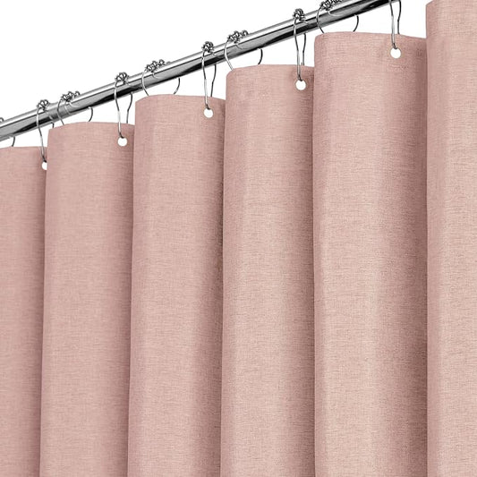 Blush Pink Linen Textured Waterproof Fabric Shower Curtain Set, 72x72 | 230GSM Polyester, Heavy Duty Cloth, Weighted Hem, 12 Plastic Hooks, Modern Hotel Style, Machine Washable, Bathroom Decor