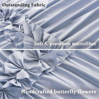 Homechoice Decor Fog Blue Ruffle Shower Curtain, Vintage Handcrafted Bow Tie Bath Curtain for Master Bathroom, Ruched Microfiber Bathroom Curtain with 12 Buttonholes, 72" W x 72" H (LQ-10)