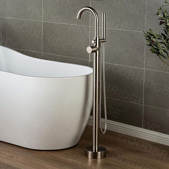 Woodbridge F0001BNRD Contemporary Single Handle Floor Mount Freestanding Tub Filler Faucet with Hand Shower in Brushed Nickel Finish