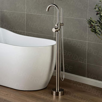 Woodbridge F0001BNRD Contemporary Single Handle Floor Mount Freestanding Tub Filler Faucet with Hand Shower in Brushed Nickel Finish