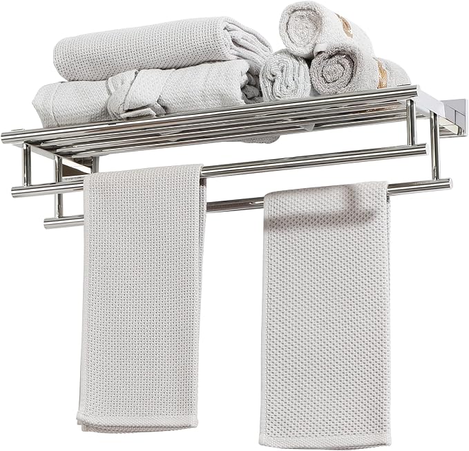 Alise Double Towel Rack for Bathroom Wall Mounted 24 Inch,Polished Chrome | Bathroom Tower Holder Towel Shelf with Double Towel Bars,SUS304 Stainless Steel Towel Rack with Shelf