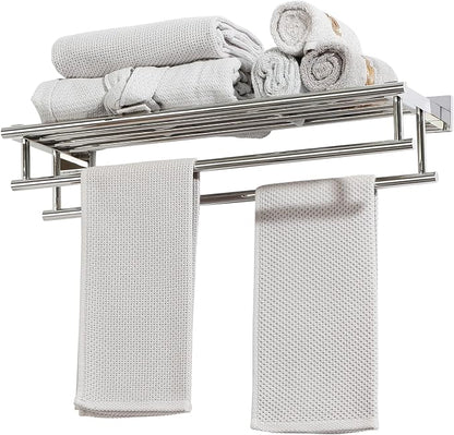 Alise Double Towel Rack for Bathroom Wall Mounted 24 Inch,Polished Chrome | Bathroom Tower Holder Towel Shelf with Double Towel Bars,SUS304 Stainless Steel Towel Rack with Shelf
