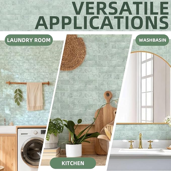 Tilingview 30 PCS Peel and Stick Backsplash Tile for Kitchen/Bathroom/Living Room, 3"x 9" Self-Adhesive Glossy Subway Tile for Backsplash, Matte Textures Tiles/Handmade Tiles (Light Green)