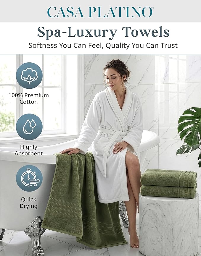 Casa Platino 100% Cotton Bath Towels Pack of 4 (30"x60") - Ring Spun Mercerized Cotton Bathroom Towel Set - Quick Dry, Soft & Absorbent Large Bath Towels - Holds Well After Multiple Washes - Oil Green