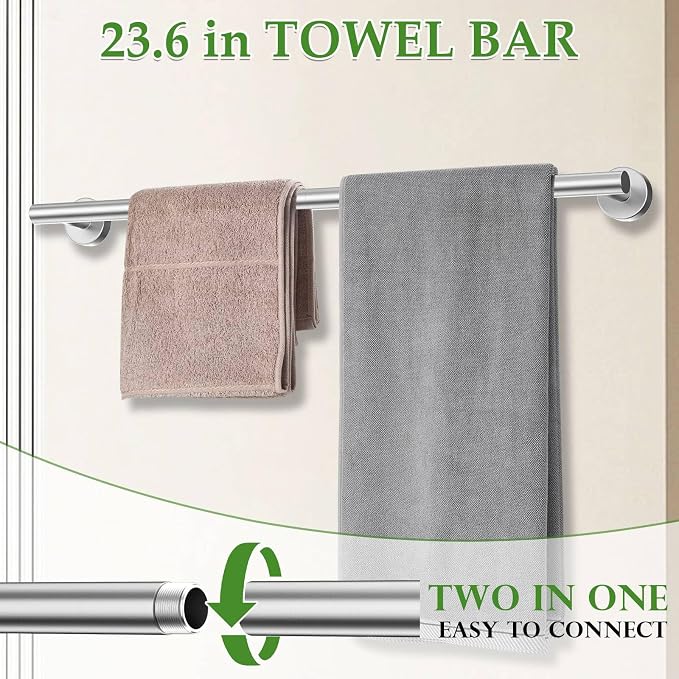 6-Piece Towel Bar Set Brushed Nickel Bathroom Hardware Accessories Set Includes 23.6in Towel Bar 2 Round Towel Ring Stainless Steel Wall-Mounted