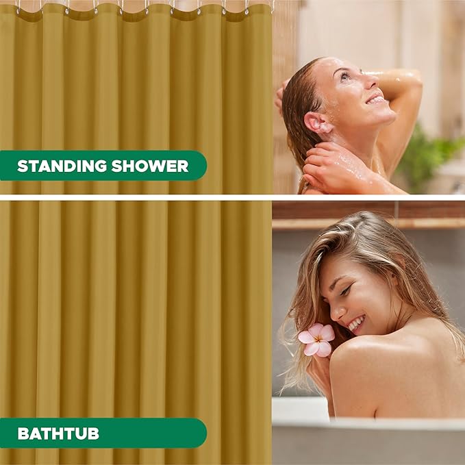 Biscaynebay Hotel Quality Extra Long Fabric Shower Liners 72" Width by 84" Length, Gold Water Resistant Bathroom Curtains Rust Resistant Grommets & Weighted Bottom Hem Machine Washable