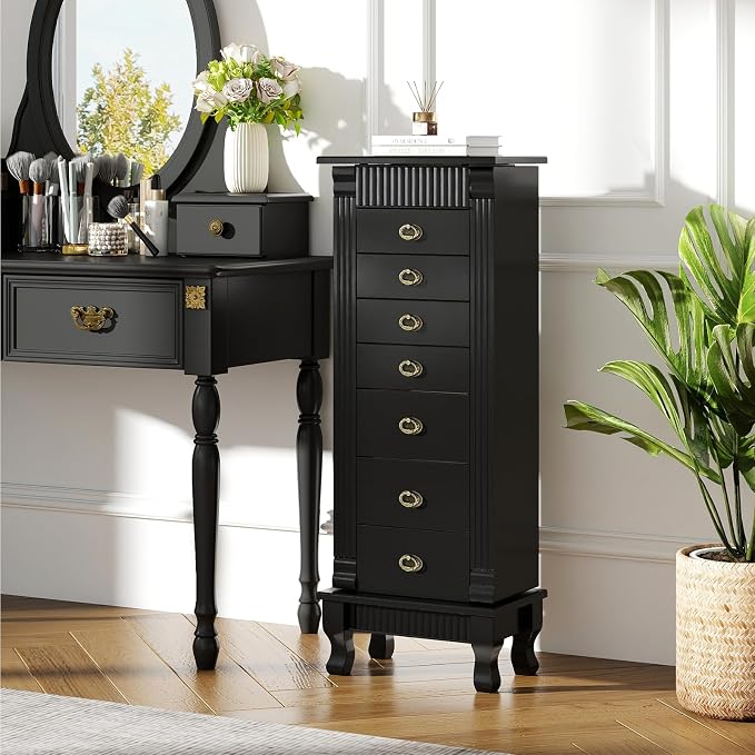DREAMADE Jewelry Armoire, Standing Jewelry Box w/Mirror & 7 Drawers, Black | Flip Top Organizer with 2 Side Doors and Anti-Toppling Device, Large Jewelry Cabinet Storage for Bedroom