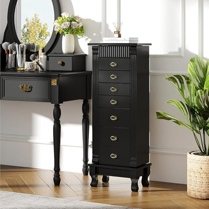 DREAMADE Jewelry Armoire, Standing Jewelry Box w/Mirror & 7 Drawers, Black | Flip Top Organizer with 2 Side Doors and Anti-Toppling Device, Large Jewelry Cabinet Storage for Bedroom
