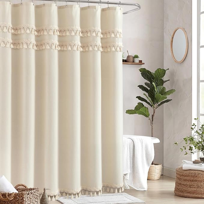 Linen Shower Curtain Boho Beige Shower Curtain with 3 Tassels 72"W x 72"L | Thick linen-poly blend, three handcrafted fringe accents, soft drape, neutral rustic styling for bathroom decor