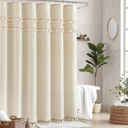 Linen Shower Curtain Boho Beige Shower Curtain with 3 Tassels 72"W x 72"L | Thick linen-poly blend, three handcrafted fringe accents, soft drape, neutral rustic styling for bathroom decor
