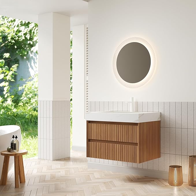 30" Bathroom Vanity with Sink, Modern Bathroom Floating Vanity with Travertine-Pattern Sintered Stone Top & Ceramic Undermount Basin, Pre-Assembled W/2 Drawers, Espresso/W