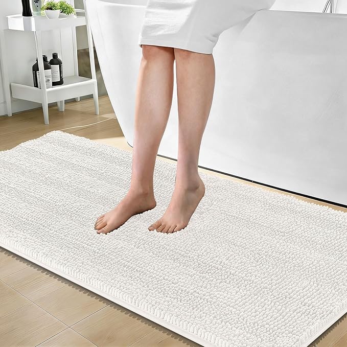 OLANLY Thick Bathroom Runner Rugs 59x24, Chenille Long Bath Rugs, Ivory | Soft Absorbent Striped, Rubber Backing, Machine Wash, Bath Mats for Bathroom Floor, Tub and Shower, Home Decor Accessories