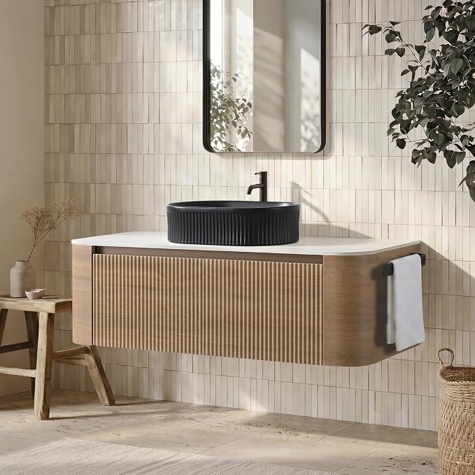 48" Floating Bathroom Vanity with Black Sink, Honey Oak | Pre-Assembled Fluted Wall Mounted Vanity with Ceramic Vessel Sink, Rounded Edges, Soft-Close Drawer & Towel Rack