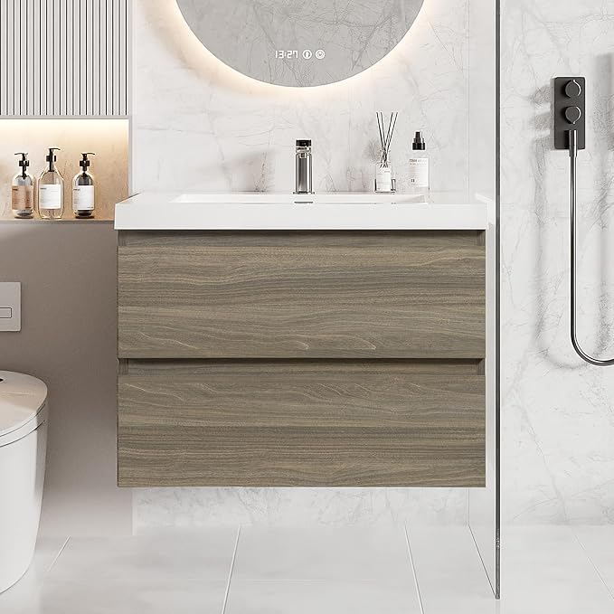 30 Inch Floating Bathroom Vanity with Sink, Large Storage Wall Mounted Floating Vanity with Soft Close Drawers, One-Piece Basin Bathroom Sink Cabinet (Ash Grey, 30 Inch)