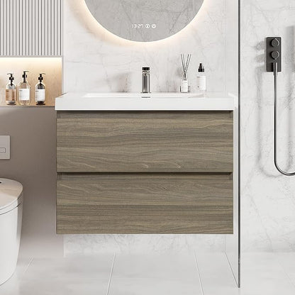 30 Inch Floating Bathroom Vanity with Sink, Large Storage Wall Mounted Floating Vanity with Soft Close Drawers, One-Piece Basin Bathroom Sink Cabinet (Ash Grey, 30 Inch)