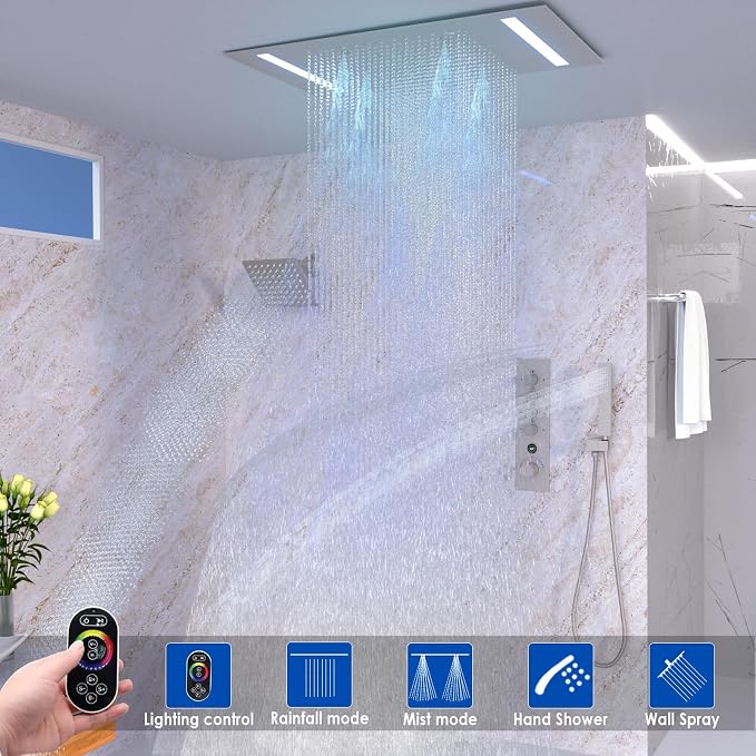 Luxury 20x14in LED Rainfall Mist Dual Shower System Can Run Togther | 4-way Thermostatic Digital Display Brass Valve, Ceiling Flush Showerhead and 6in Tilt Shower, Brass Handheld, Brushed Nickel