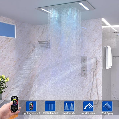 Luxury 20x14in LED Rainfall Mist Dual Shower System Can Run Togther | 4-way Thermostatic Digital Display Brass Valve, Ceiling Flush Showerhead and 6in Tilt Shower, Brass Handheld, Brushed Nickel