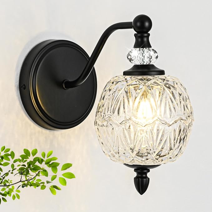 1 Piece Matte Black Wall Sconce, 1-Light Mid Century Farmhouse Style Wall Sconce with Globe Glass Shade, Retro Light for Bathroom, Bedroom, Living Room, Powder Room