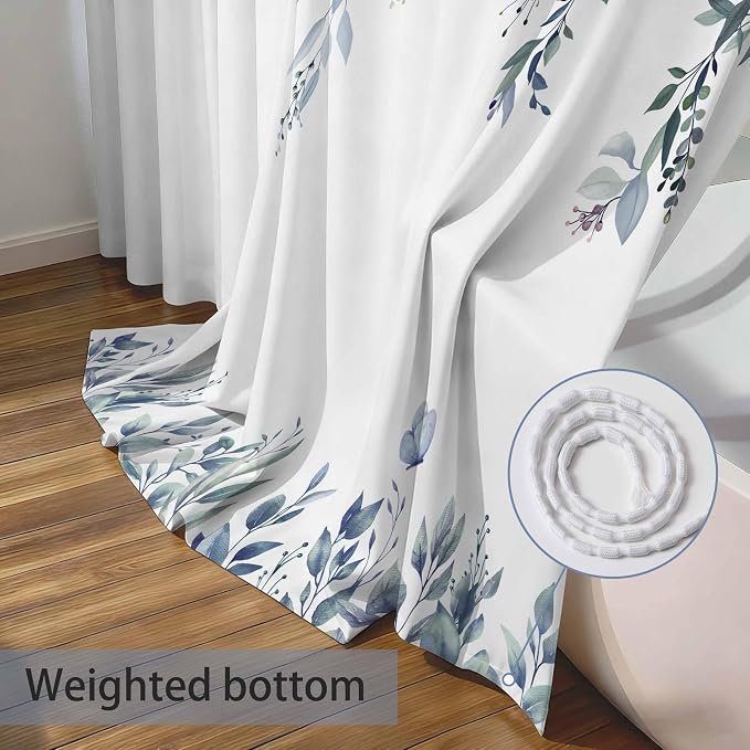Blue Floral Eucalyptus Shower Curtain with Hooks, 72x78 Inch | Waterproof Fabric, Watercolor Leaves and Floral, Botanical Style, Machine Washable, Quick-Drying, for Hotel Bathroom