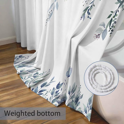 Blue Floral Eucalyptus Shower Curtain with Hooks, 72x78 Inch | Waterproof Fabric, Watercolor Leaves and Floral, Botanical Style, Machine Washable, Quick-Drying, for Hotel Bathroom