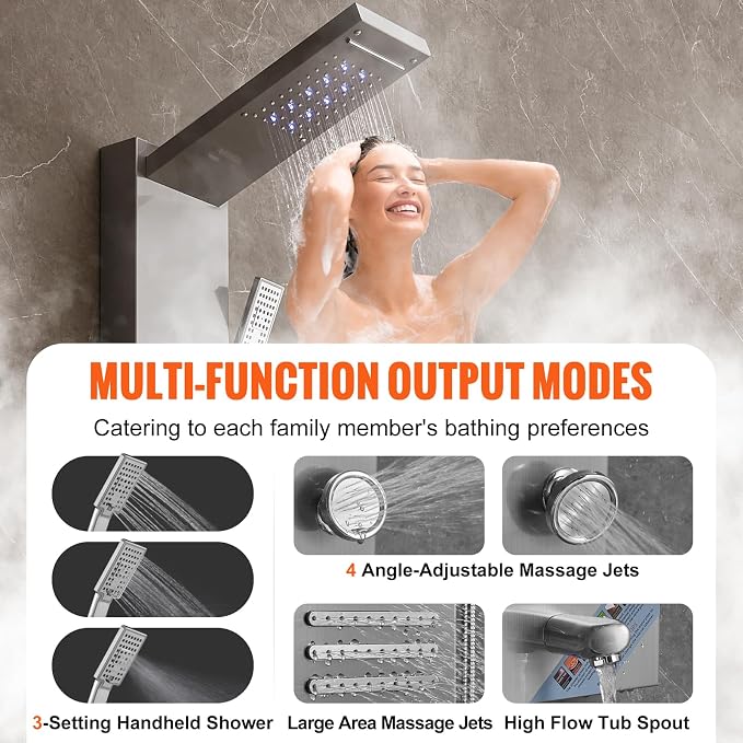 VEVOR Shower Panel Tower System, 6 Shower Modes, LED & Screen Hydroelectricity Shower Panel, Rainfall, Waterfall, 5 Massage Jets, Tub Spout, Handheld Shower, Stainless Steel Wall-Mounted Shower Set