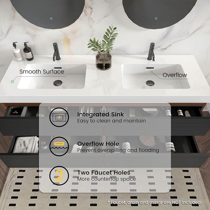 60" Pre-Assembled Floating Vanity with Double White Sink, Walnut | Modern Floating Double Sink Bathroom Vanity with Integrated Engineered Stone Top & Soft-Closing Drawers, Two-tone Cabinet