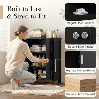ZENY Bathroom Floor Storage Cabinet with Double Door + Adjustable Shelf, Wooden Organizer Cabinet for Living Room, Bathroom, Bedroom, Modern Home Furniture (Black)