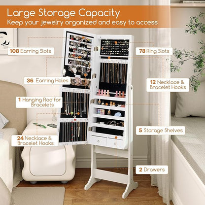 Giantex Standing Jewelry Armoire, Lockable Jewelry Cabinet with Full Length Mirror, LED Lights, 4 Tilt Angle Adjustable, Mirror with Jewelry Storage, Standing Jewelry Organizer with Drawers, White