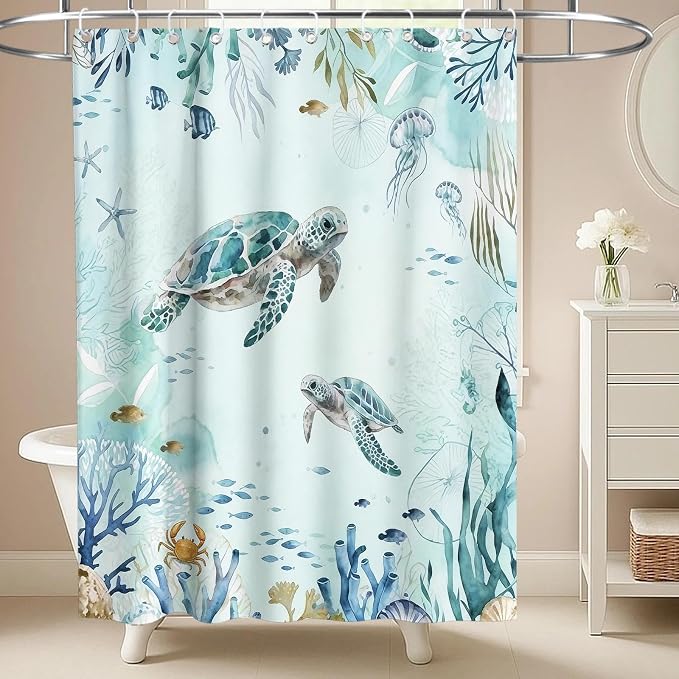 Ocean Nautical Turtle Shower Curtain Cute Modern Luxury Tropical Coral | Funky Shower Curtains for Bathroom, Waterproof Bath Curtain with Hooks Machine Washable Bathtub Curtains 60x72 Inch Blue