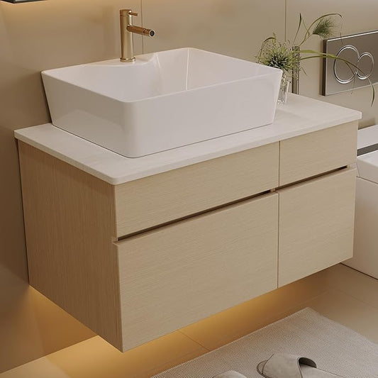 31.5" Floating Bathroom Vanity with Sink and Drawer, Soft Closing, Solid Wood Mid Century Modern Single Bathroom Vanity Cabinet with Storage, Wall Mounted (Natural Wood)