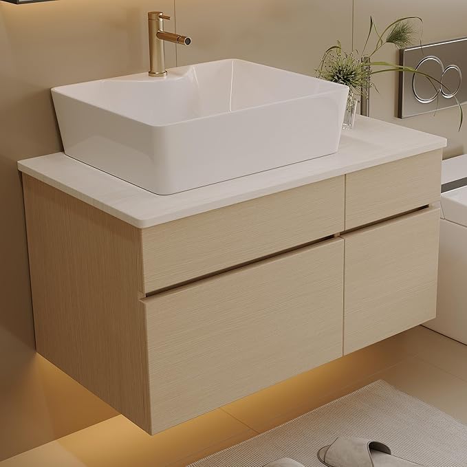 31.5" Bathroom Vanity with Counter Top Sink Combo, Wall Mounted Bathroom Cabinet with Ceramic Vessel Sink, 2 Soft Close Cabinet Doors & Drawer, Floating Modern Bath Vanity for Small Space