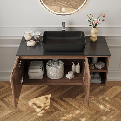 36" Modern Floating Bathroom Vanity with Single Sink - Wall Mounted Storage Bathroom Cabinet with Black Sintered Stone Countertop| Large Storage Space & Open Shelves, Dark Wood