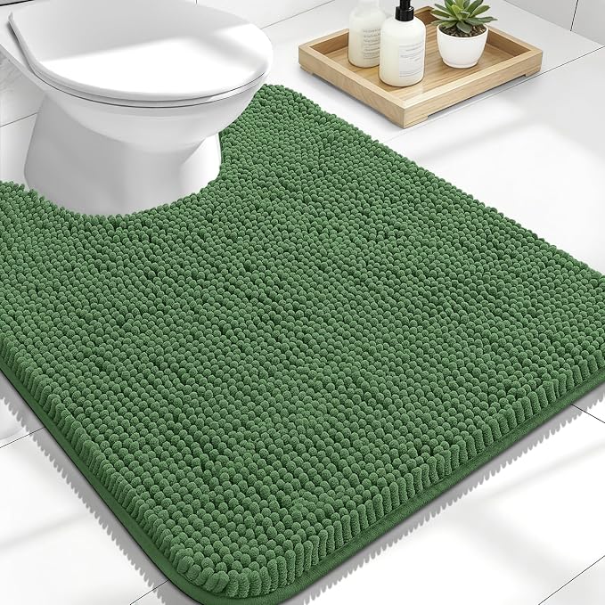OLANLY Toilet Rugs U-Shaped 24x20, Soft Absorbent Chenille Contour Rugs | Olive Green, Quick-Drying Rubber Backing, Machine Washable Non-Slip Shaggy Bathroom Mat for Toilet, Home Decor Accessories
