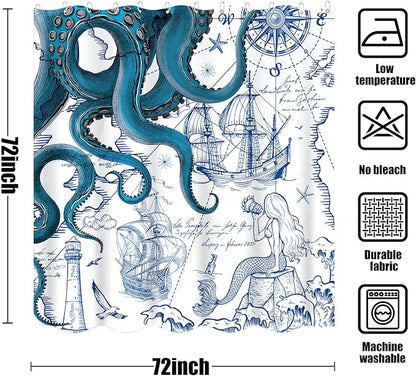Fungarth Blue Nautical Octopus Shower Curtain Navy Mermaid Funny Ocean Kraken Shower Curtains for Bathroom Cool Anchor Coastal Map Waterproof Fabric Bath Curtain Decor with Hooks (Blue, 72” x 72”)
