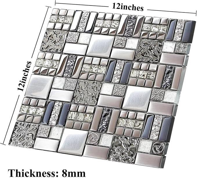 Metallic Glass Mosaic Tiles Silver Gray 100% Glass Tile Water Resistant for Kitchen Backsplash Bathroom Shower Accent Wall Decor TSTGT151 (5 Square Feet)