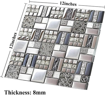 Metallic Glass Mosaic Tiles Silver Gray 100% Glass Tile Water Resistant for Kitchen Backsplash Bathroom Shower Accent Wall Decor TSTGT151 (5 Square Feet)