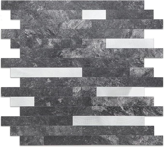 Yipscazo 20 Sheets Peel and Stick Stone Metal Tile Backsplash, Stick on Tiles for Backsplash Kitchen, Bathroom, Laundry Room, Camper, Fireplace (12'' X 12'', Dark Black)