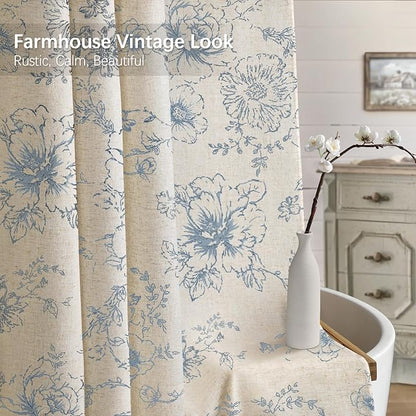 Farmhouse Floral Linen Shower Curtain, Vintage Blue Pattern Rustic Shower Curtains for Bathroom, Taupe,72x72